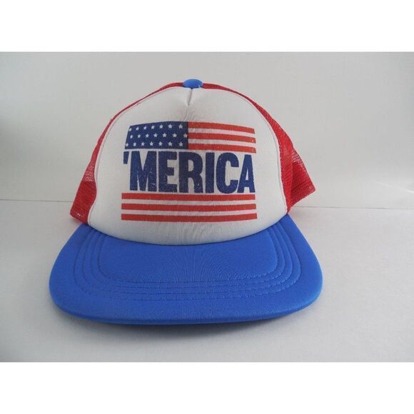 Merica Trucker Snapback Hat Vintage American Red White Blue - Picture 7 of 7